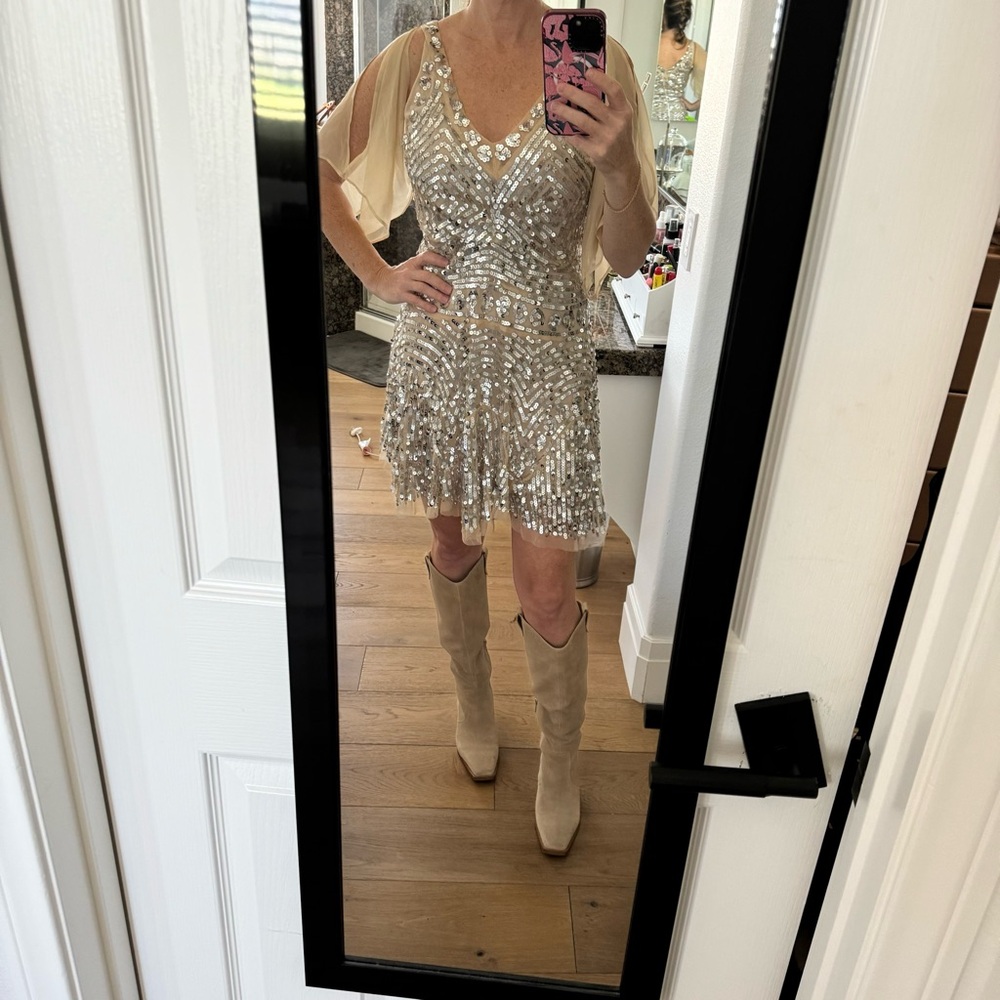 Free People Party sequin skater dress, silver sequins on nude mesh size M